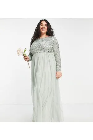 Maya Vestito lungo da damigella in tulle a maniche lunghe con delicate paillettes tono su tono salvia