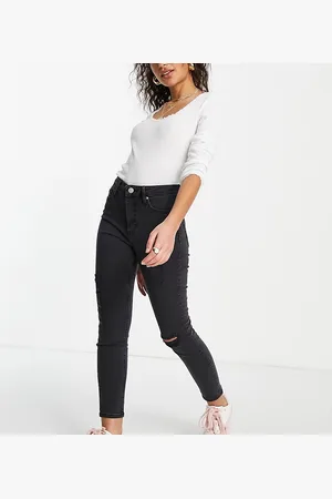 Miss Selfridge Petite - Lizzie - Jeans skinny a vita alta neri con strappi
