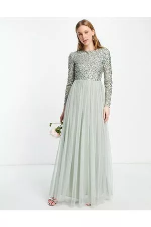 Maya Vestito lungo da damigella in tulle a maniche lunghe con delicate paillettes tono su tono salvia