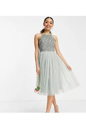 Maya Vestito midi da damigella in tulle salvia allacciato al collo con delicate paillettes tono su tono