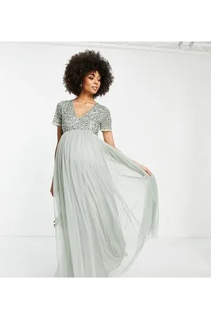 Maya Vestito lungo da damigella in tulle a maniche corte con delicate paillettes tono su tono salvia