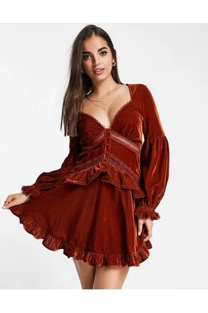ASOS Vestito corto in velluto con inserti in pizzo e bottoni