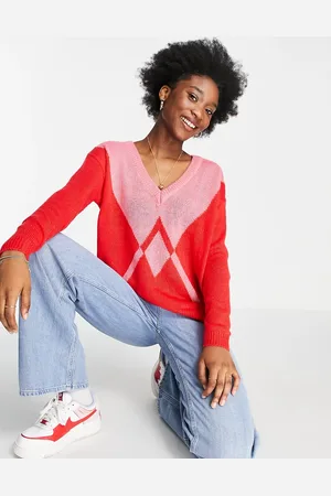 Brave Soul Maglione con motivo a spina di pesce color block e scollo a V