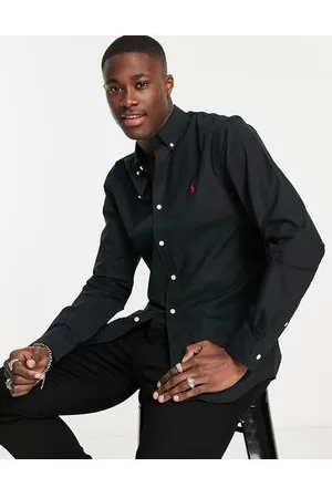 Ralph Lauren Camicia slim nera in popeline con logo a giocatore di polo e colletto button-down