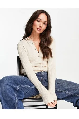 SELECTED Femme - Cardigan stile polo lavorato a maglia color sabbia con bottoni