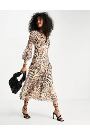 ASOS Vestito da giorno midi a maniche lunghe in plumetis con stampa animalier e finiture in pizzo con bottoni