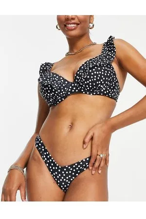 Ivory Rose Coppe Grandi - Mix and Match - Top bikini con volant nero a pois
