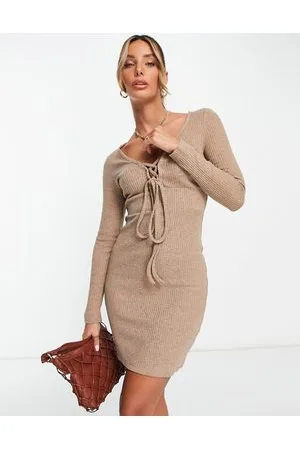 Trendyol Vestito corto a maniche lunghe allacciato sul davanti color cammello