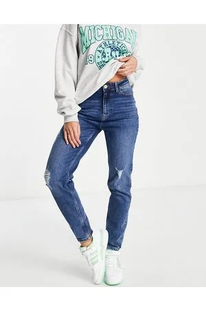 Pieces® Kesia - Mom jeans a vita alta effetto invecchiato lavaggio medio