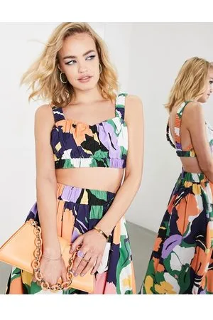 ASOS Crop top senza maniche in cotone arricciato con stampa astratta