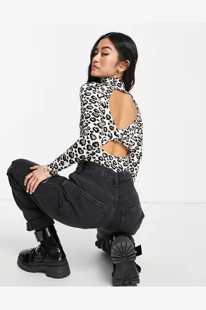 Miss Selfridge Body a maniche lunghe incrociato dietro con stampa animalier