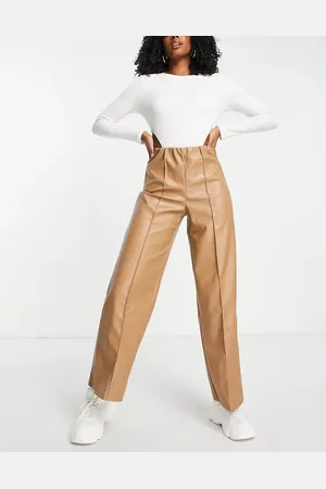 Pieces® Pantaloni in pelle sintetica con fondo ampio, colore cammello