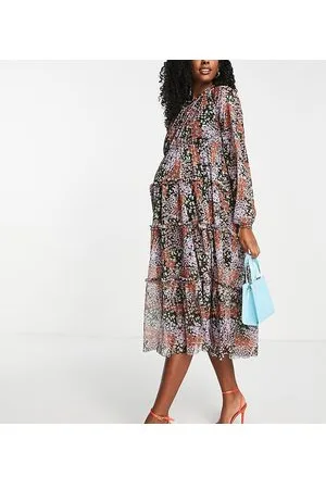 River Island Vestito midi a balze a fiori