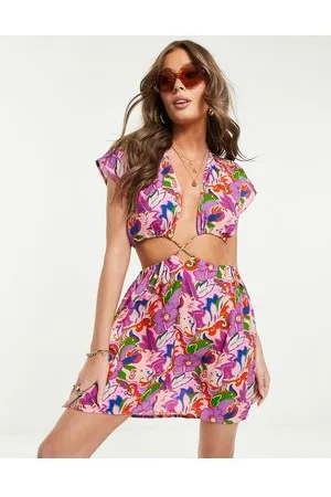 ASOS Vestitino da mare corto con reticolo in vita e cut-out in vivace stampa floreale