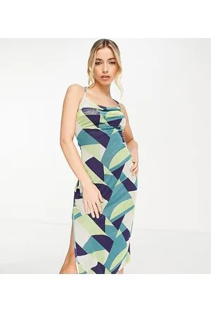 In The Style Esclusiva - Vestito midi con scollo ad anello e fascette sul retro verde con stampa geometrica
