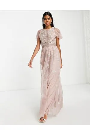 ASOS Vestito lungo da damigella con ricamo di fiori e maniche con volant con perline