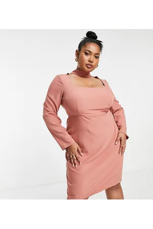 Vesper Vestito midi a maniche lunghe color malva tenue con scollo squadrato