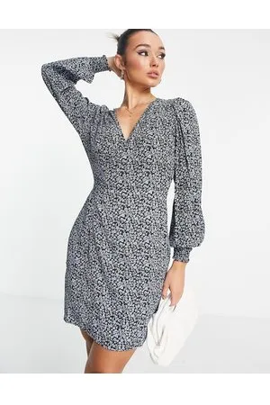 Envii Vestito da giorno corto a maniche lunghe viola a fiori allacciato in vita