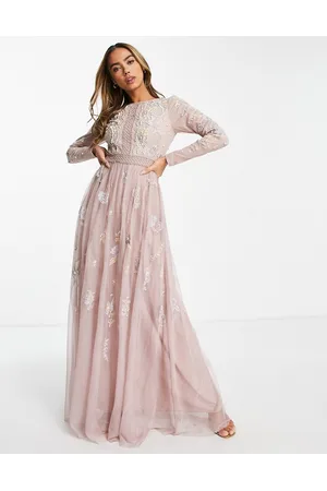ASOS Vestito lungo da damigella a maniche lunghe con ricamo a fiori e perline