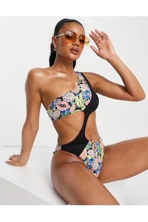 ASOS Costume da bagno monospalla con stampa colorblock di frutta e cut-out