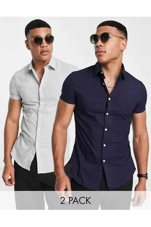 ASOS Confezione da 2 camicie stretch slim fit blu navy e grigia - Risparmia