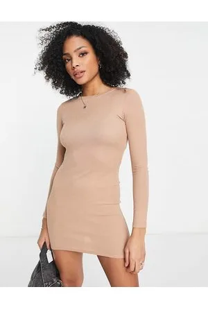 Miss Selfridge Vestito corto girocollo a fascia color cammello a coste
