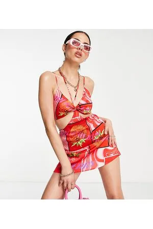 AsYou Vestito corto in raso con cut-out e stampa di fragole