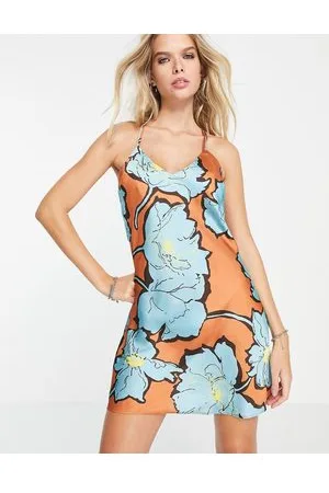 Topshop Vestito sottoveste corto blu e arancione con stampa a fiori
