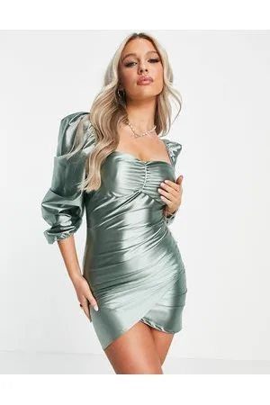 REBELLIOUS FASHION Vestito corto fasciante in raso turchese arricciato