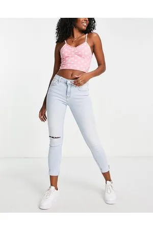 River Island Jeans skinny con risvolto e strappi sulle ginocchia azzurri