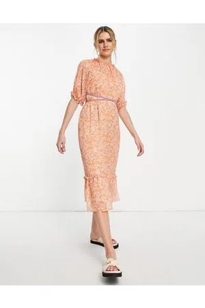 Lost Ink Vestito midi arancione a fiori con laccetti