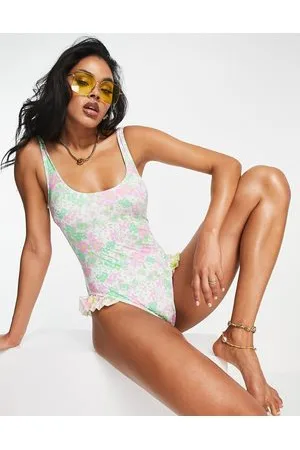 ASOS Costume da bagno a fiorellini misti con volant a contrasto e scollo rotondo
