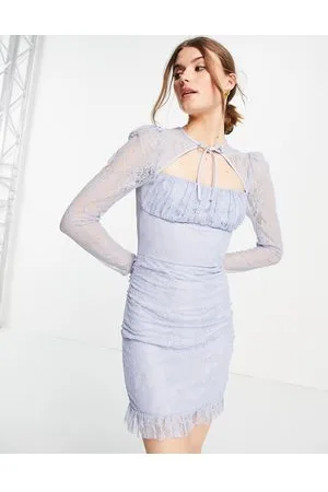 ASOS Vestito corto in pizzo arricciato celeste con laccetto sul collo