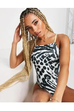 ASOS Costume da bagno con stampa animalier bianca e nera e dettaglio sulla schiena