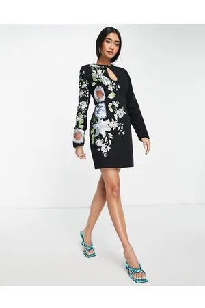 ASOS Vestito corto fasciante in twill con apertura a goccia e ricamo floreale