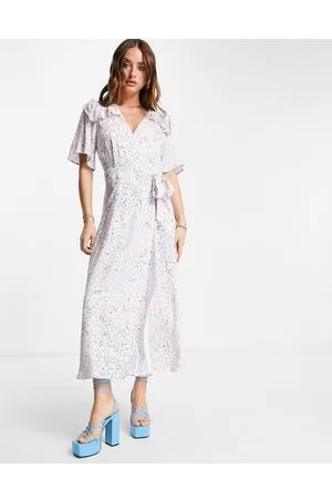 Y.A.S Vestito midi a portafoglio con volant con stampa rosa e blu