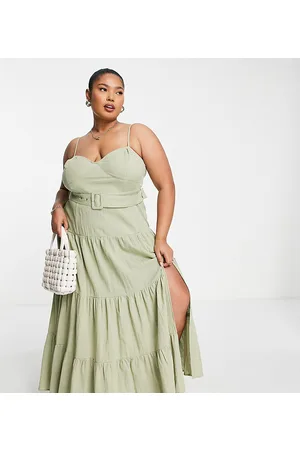 ASOS ASOS DESIGN Curve - Prendisole lungo color kaki effetto stropicciato a balze con cintura