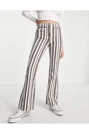 Topshop Pantaloni a zampa a vita alta con tasche frontali e stampa a righe color cioccolato