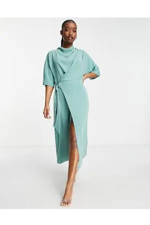 ASOS Vestito midi con scollo ad anello e gonna avvolgente verde acqua