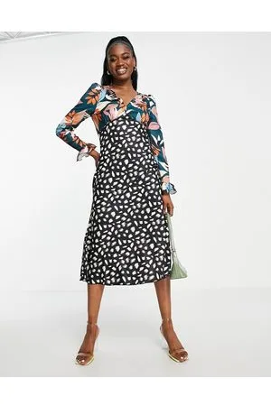 Little Mistress Vestito midi da giorno con scollo profondo sul davanti con stampa patchwork a fiori e pois