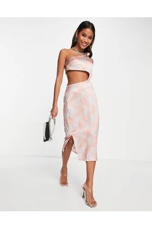 Public Desire Vestito midi monospalla in raso con stampa astratta color pesca