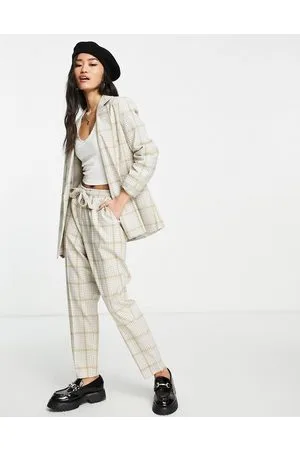 Miss Selfridge Joggers sartoriali con gamba dritta color pietra a quadri in coordinato