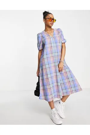 Pieces® Vestito midi svasato con maniche a sbuffo a quadri
