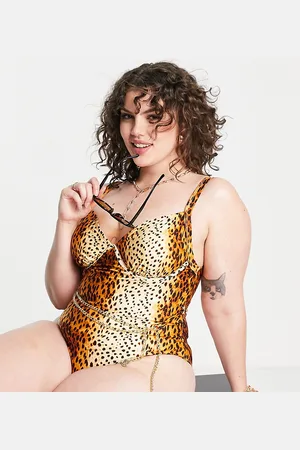 River Island Costume da bagno animalier con scollo profondo e laccetti