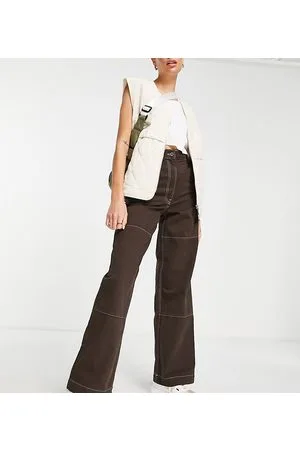 Topshop Pantaloni workwear dritti a vita alta multitasche color cioccolato