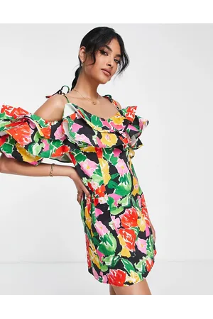 Topshop Vestito corto con scollo Bardot con volant in misto cotone a fiori vivaci