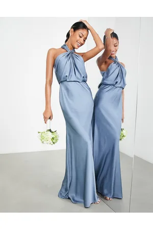 ASOS Vestito lungo allacciato al collo in raso con arricciatura crepuscolare