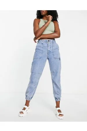 River Island Jeans cargo azzurri a vita alta con fondo elasticizzato