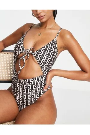 In The Style X Billie Faiers - Costume da bagno marrone con stampa a catenine e cut-out
