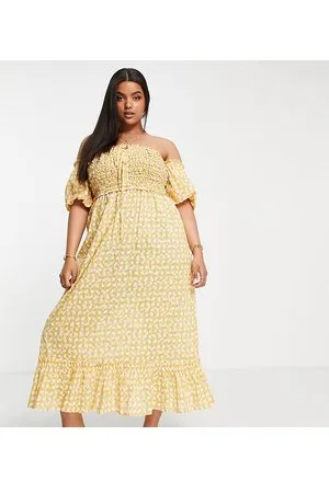 River Island Vestito da mare midi arricciato giallo con scollo alla Bardot